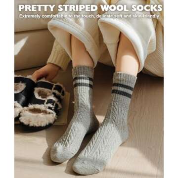 IIG 5 Pairs Women's Vintage Style Thick Wool Warm Winter Crew Socks (Cozy striped 03-5 Pairs)