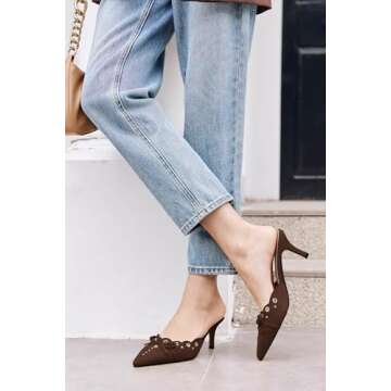 Coutgo Women's Bow Tie Mule Heels Pointed Toe Studded Backless Stilettos Slip On Dress Pump Shoes，...