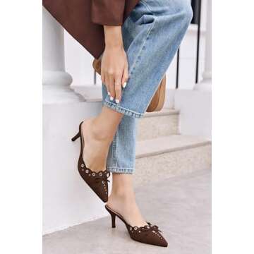 Coutgo Women's Bow Tie Mule Heels Pointed Toe Studded Backless Stilettos Slip On Dress Pump Shoes，Dark Brown, Size 8