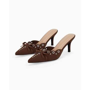 Coutgo Women's Bow Tie Mule Heels Pointed Toe Studded Backless Stilettos Slip On Dress Pump Shoes，Dark Brown, Size 8
