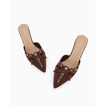 Coutgo Women's Bow Tie Mule Heels Pointed Toe Studded Backless Stilettos Slip On Dress Pump Shoes，Dark Brown, Size 8