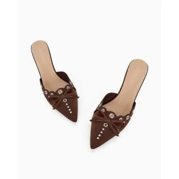 Coutgo Women's Bow Tie Mule Heels Pointed Toe Studded Backless Stilettos Slip On Dress Pump Shoes，Dark Brown, Size 8