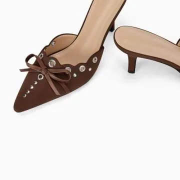 Coutgo Women's Bow Tie Mule Heels Pointed Toe Studded Backless Stilettos Slip On Dress Pump Shoes，Dark Brown, Size 8