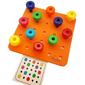 Skoolzy Peg Board 33 Piece Set - Sorting and Stacking Fine Motor Toys Color Recognition Toys for Toddlers Occupational Therapy Toy for 2 + Year Includes Pegs, Foam Board, Pattern Card, ebook