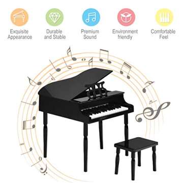 Costzon Classical Kids Piano, 30 Keys Wood Toy Grand Piano with Music Stand and Bench, Mini Musical ...