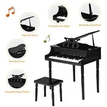 Costzon Classical Kids Piano, 30 Keys Wood Toy Grand Piano with Music Stand and Bench, Mini Musical Toy for Child, Ideal for Children's Room, Toy Room, Best Gifts (Straight Leg, Black)