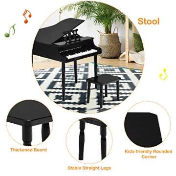 Costzon Classical Kids Piano, 30 Keys Wood Toy Grand Piano with Music Stand and Bench, Mini Musical Toy for Child, Ideal for Children's Room, Toy Room, Best Gifts (Straight Leg, Black)