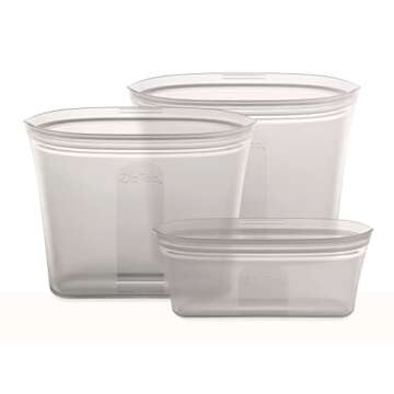 Zip Top Reusable Food Storage Bags | 3 Bag Set [Gray] - 2 Sandwich, 1 Snack | Silicone Meal Prep Con...