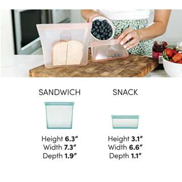 Zip Top Reusable Food Storage Bags | 3 Bag Set [Gray] - 2 Sandwich, 1 Snack | Silicone Meal Prep Container | Microwave, Dishwasher and Freezer Safe | Made in the USA