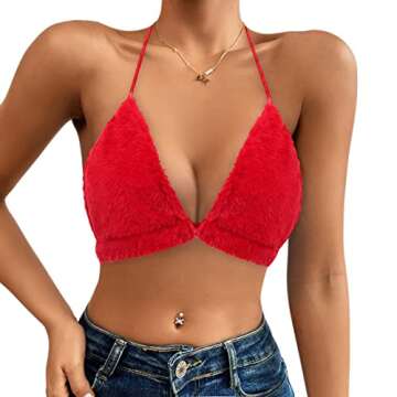 Vimoisa Women Sexy Lace-up Triangle Deep V Bikini Bra Top Vest Downy Halter Backless Crop Top Clubwear Red