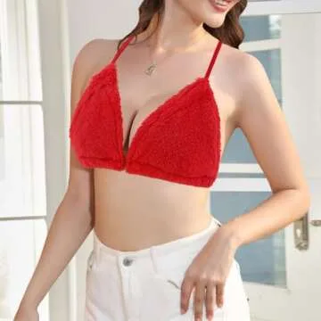 Vimoisa Women Sexy Lace-up Triangle Deep V Bikini Bra Top Vest Downy Halter Backless Crop Top Clubwear Red