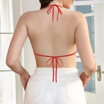 Vimoisa Women Sexy Lace-up Triangle Deep V Bikini Bra Top Vest Downy Halter Backless Crop Top Clubwear Red