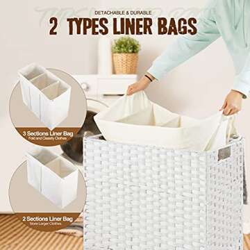 Greenstell Laundry Hamper with Lid, 125L Large Clothes Hamper with 3 Section & 2 Section Removable Liner Bags & 5 Mesh Laundry Bags, Handwoven Synthetic Rattan Divided Laundry Basket, White
