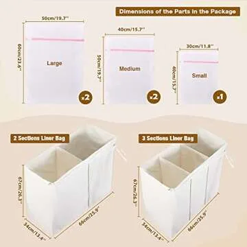 Greenstell Laundry Hamper with Lid, 125L Large Clothes Hamper with 3 Section & 2 Section Removable Liner Bags & 5 Mesh Laundry Bags, Handwoven Synthetic Rattan Divided Laundry Basket, White