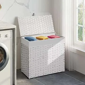 Greenstell Laundry Hamper with Lid, 125L Large Clothes Hamper with 3 Section & 2 Section Removable Liner Bags & 5 Mesh Laundry Bags, Handwoven Synthetic Rattan Divided Laundry Basket, White