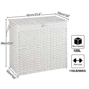 Greenstell Laundry Hamper with Lid, 125L Large Clothes Hamper with 3 Section & 2 Section Removable Liner Bags & 5 Mesh Laundry Bags, Handwoven Synthetic Rattan Divided Laundry Basket, White