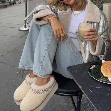 NatraKi Women's Plush Sheepskin Platform Slippers