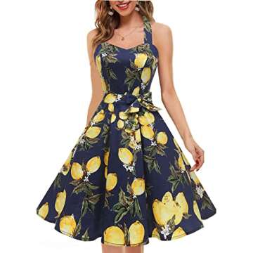 Topdress Women's Vintage Polka Audrey Dress 1950s Halter Retro Cocktail Dress Lemon S