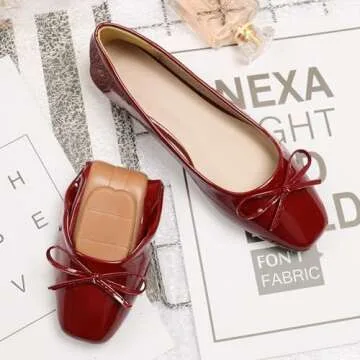 Dear Time Women's Casual Foldable Ballet Flats Square Toe Ballerina Flats Shoes Comfortable Burgundy Patent Leather Size 7.5