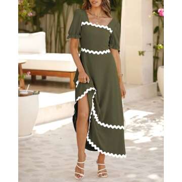 BTFBM Women 2025 Summer Square Neck Short Puff Sleeve Dress Casual RIic Rac Tie Back Smocked Wedding...