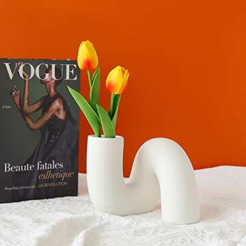 PhiDor White Ceramic Flower Vase for Decor,Modern Minimalist Abstraction Vases,Farmhouse Decorative vase for Centerpieces,Kitchen,Office, Living Room,Wedding Floral Decoration (White)