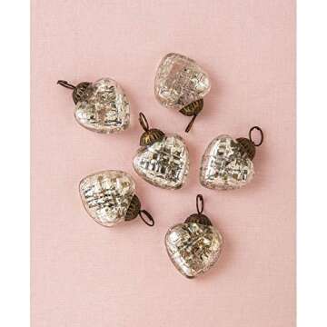 Luna Bazaar Mercury Glass Mini Heart Ornaments (1 to 1.5-Inch, Silver, Deidra Design, Set of 6) - Gr...
