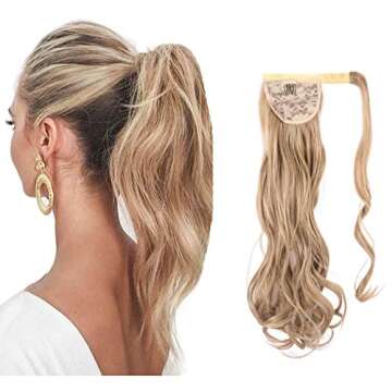 Cagora Clip in Ponytail Extension Curly Wavy Pony Tail Extensions Wrap Around Hairpieces Claw Synbthetic Ponytails Magic Paste Hair Wraps Ponytail Hair Extensions for Women (Ash Blonde(M27613))