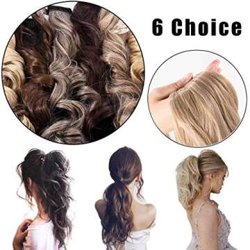Cagora Clip in Ponytail Extension Curly Wavy Pony Tail Extensions Wrap Around Hairpieces Claw Synbthetic Ponytails Magic Paste Hair Wraps Ponytail Hair Extensions for Women (Ash Blonde(M27613))