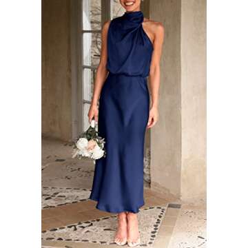 PRETTYGARDEN Women's 2025 Summer Satin Dress Elegant Sleeveless Mock Neck Cocktail Party Maxi Dresses (Dark Navy,Small)