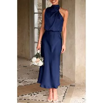 PRETTYGARDEN Women's 2025 Summer Satin Dress Elegant Sleeveless Mock Neck Cocktail Party Maxi Dresses (Dark Navy,Small)