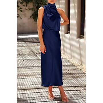 PRETTYGARDEN Women's 2025 Summer Satin Dress Elegant Sleeveless Mock Neck Cocktail Party Maxi Dresses (Dark Navy,Small)