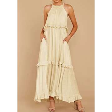 R.Vivimos Womens Summer Dress Cotton Sleeveless Halter Layered Ruffles Casual Boho Flowy Maxi Dress (Medium, Beige)