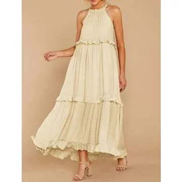 R.Vivimos Womens Summer Dress Cotton Sleeveless Halter Layered Ruffles Casual Boho Flowy Maxi Dress (Medium, Beige)