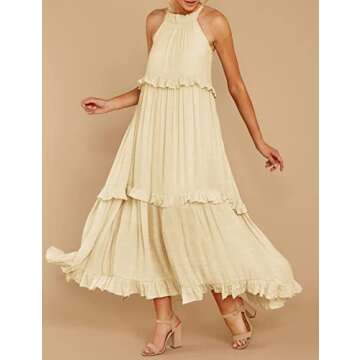 R.Vivimos Womens Summer Dress Cotton Sleeveless Halter Layered Ruffles Casual Boho Flowy Maxi Dress (Medium, Beige)