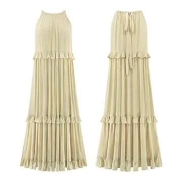 R.Vivimos Womens Summer Dress Cotton Sleeveless Halter Layered Ruffles Casual Boho Flowy Maxi Dress (Medium, Beige)