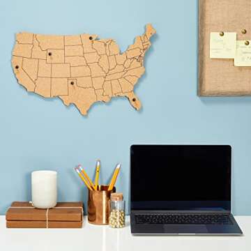 Cork Board Map of The United States with 10 Pins to Mark Travels, Home and Office Wall Decor- Contin...