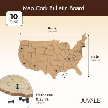 Cork Board Map of The United States with 10 Pins to Mark Travels, Home and Office Wall Decor- Continental USA Cork Board (16 x 10 x 0.3 in)