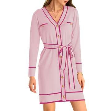 Pink Queen Women's Bodycon Knitted Dresses Chambray Tie Waist Long Sleeve Sweater Cardigans Sexy V Neck Button Down Short Dress Outfits Pink M