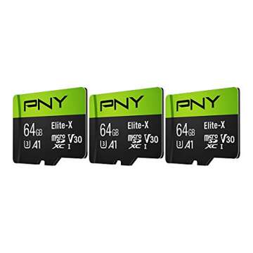 PNY 64GB Elite-X Class 10 U3 V30 microSDXC Flash Memory Card, 3 Count (Pack of 1) - 100MB/s, Class 10, U3, V30, A1, 4K UHD, Full HD, UHS-I, Micro SD
