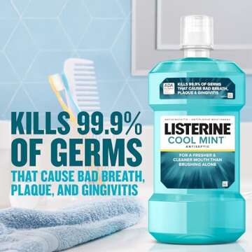 Listerine Cool Mint Antiseptic Mouthwash, Daily Oral Rinse Kills 99% of Germs That Cause Bad Breath, Plaque and Gingivitis for a Fresher, Cleaner Mouth, Cool Mint Flavor, 500 mL
