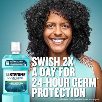 Listerine Cool Mint Antiseptic Mouthwash, Daily Oral Rinse Kills 99% of Germs That Cause Bad Breath, Plaque and Gingivitis for a Fresher, Cleaner Mouth, Cool Mint Flavor, 500 mL
