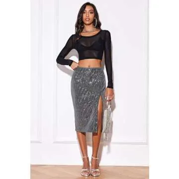 Cantonwalker Women's High Waist Front Slit Bodycon Fit Stretch Sequin Work Midi Skirts 0243 (S, Grey Sequin)