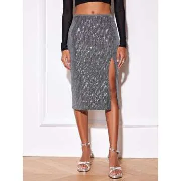 Cantonwalker Women's High Waist Front Slit Bodycon Fit Stretch Sequin Work Midi Skirts 0243 (S, Grey Sequin)