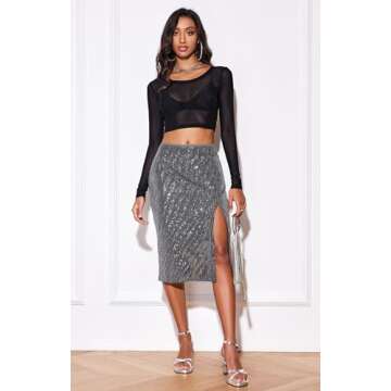 Cantonwalker Women's High Waist Front Slit Bodycon Fit Stretch Sequin Work Midi Skirts 0243 (S, Grey Sequin)