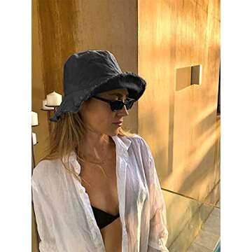HZEYN Women Wide Brim Bucket Hats Summer Vacation Casual Beach Sun Hats (Black)