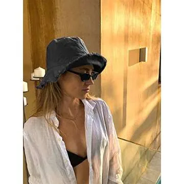 HZEYN Women Wide Brim Bucket Hats Summer Vacation Casual Beach Sun Hats (Black)