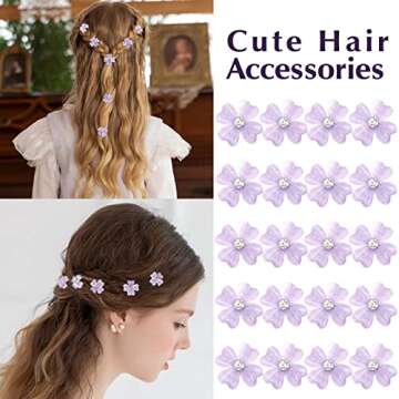 YISSION 20Pcs Mini Purple Flower Hair Clips with Rhinestone Cute Hair Pins Decorative Hair Clips Wedding Hair Barrettes Bridal Hair Accessories for Girls Women