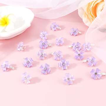 YISSION 20Pcs Mini Purple Flower Hair Clips with Rhinestone Cute Hair Pins Decorative Hair Clips Wedding Hair Barrettes Bridal Hair Accessories for Girls Women