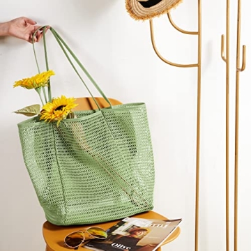 KALIDI Beach Mesh Tote Bag, Casual Tote Bag Hobo Women Foldable MAX 23L Shoulder Grocery Bag For Beach Picnic Vacation