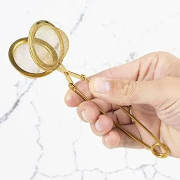 Tea Infuser Tea Ball Tea Filter with Clip for Brew Loose Tea Perfect Pincer Tea Infuser Busket Colador Infusor té Metal Mesh Tea Filter Sifter Fine Mesh Ball Tea Filter (Gold Long Handle Tea Filter)